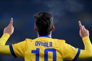 Juventus Paulo Dybala celebrates scoring their third goal.