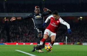 Manchester United's Paul Pogba in action with Alexis Sanchez.
