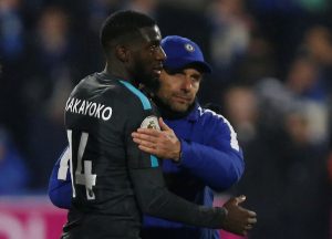 Chelsea's Tiemoue Bakayoko and Antonio Conte celebrate after the match.