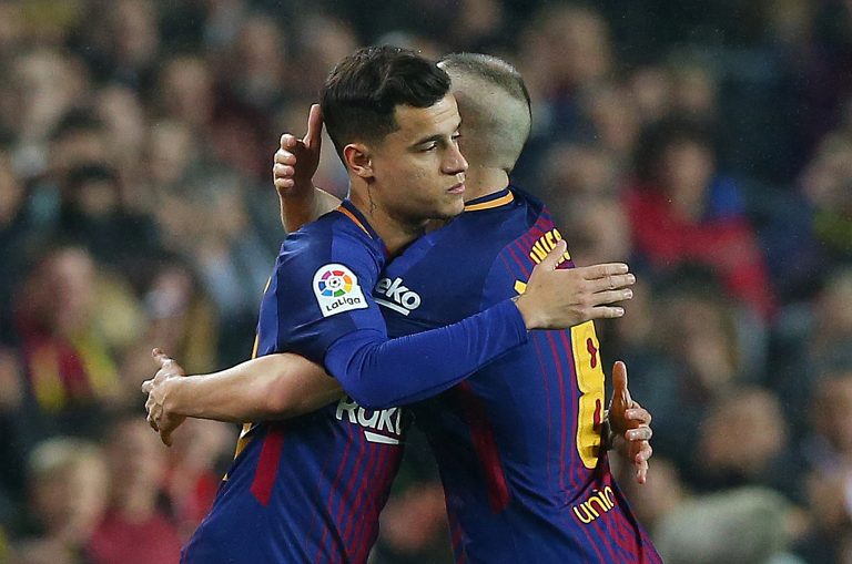 Barcelonas Philippe Coutinho comes on as a substitute to replace Andres Iniesta.