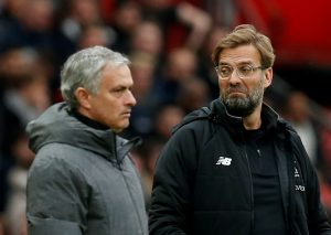 Liverpool manager Juergen Klopp with Manchester United manager Jose Mourinho.