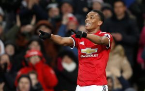 Manchester United's Anthony Martial celebrates scoring their second goal.