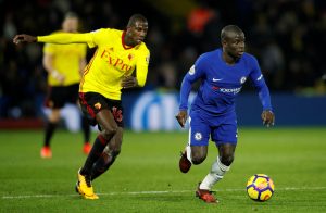 Chelsea's N'Golo Kante in action with Watford's Abdoulaye Doucoure.