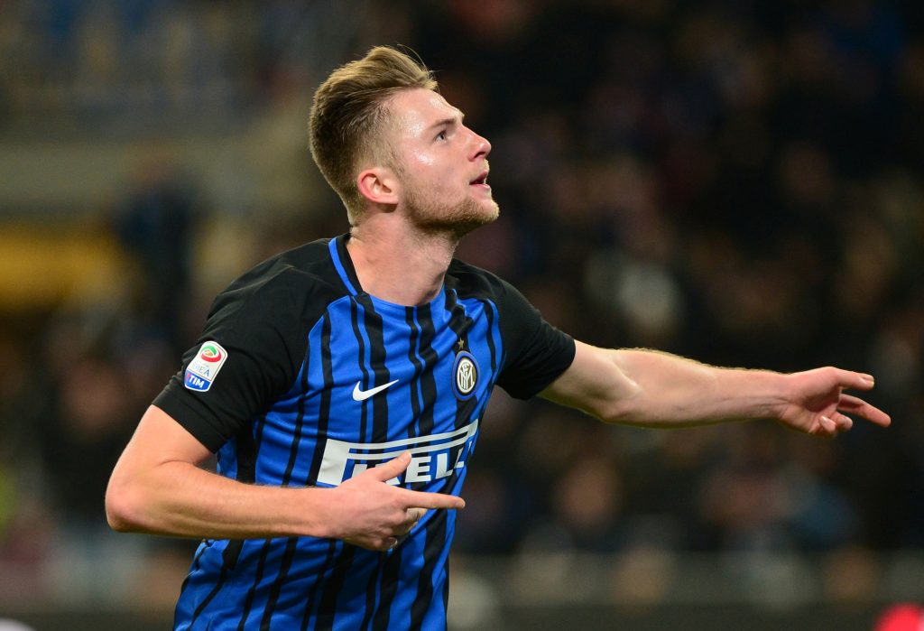 Inter Milan's Milan Skriniar ccelebrates scoring their first goal.