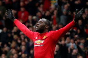 Manchester United's Romelu Lukaku celebrates scoring their first goal.