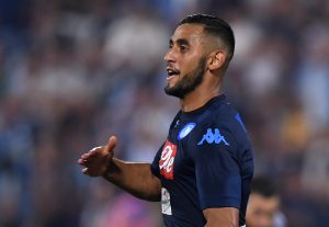 Napoli's Faouzi Ghoulam celebrates scoring their third goal.