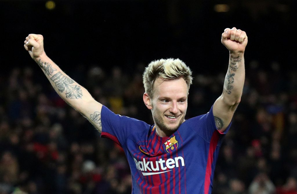 Barcelonas Ivan Rakitic celebrates scoring their fifth goal.