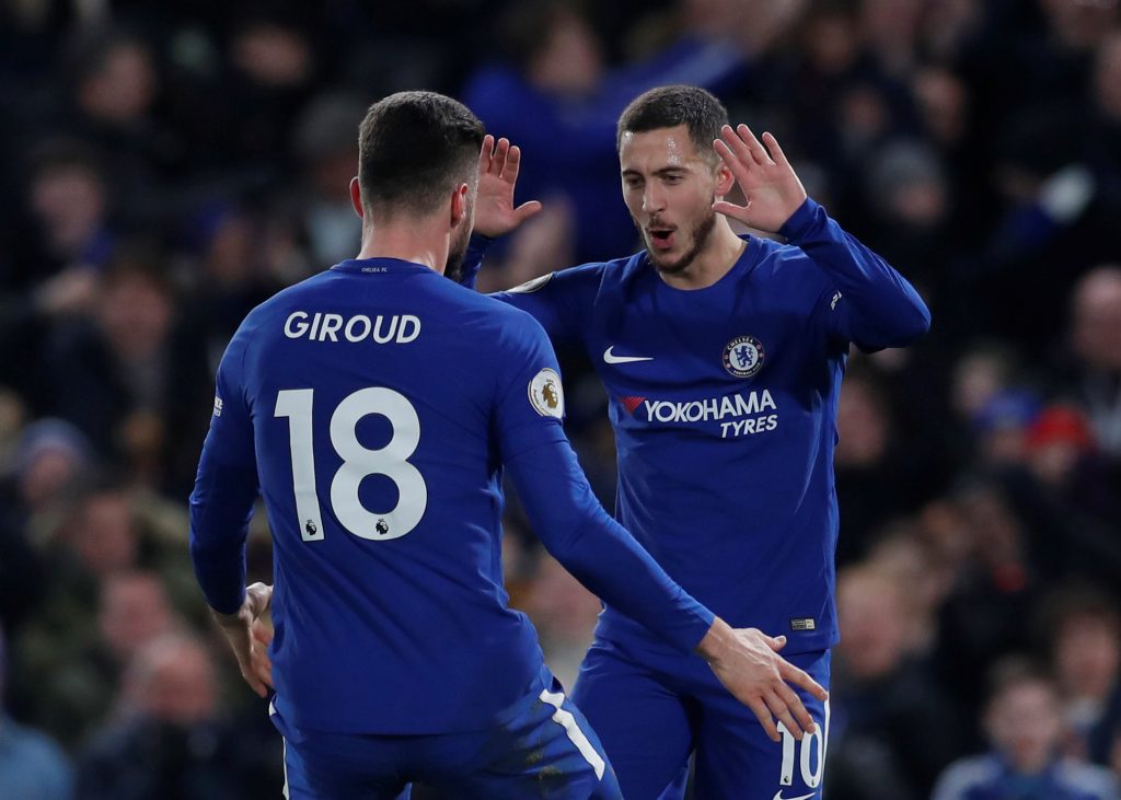 Chelsea's Eden Hazard celebrates scoring their first goal with Olivier Giroud.