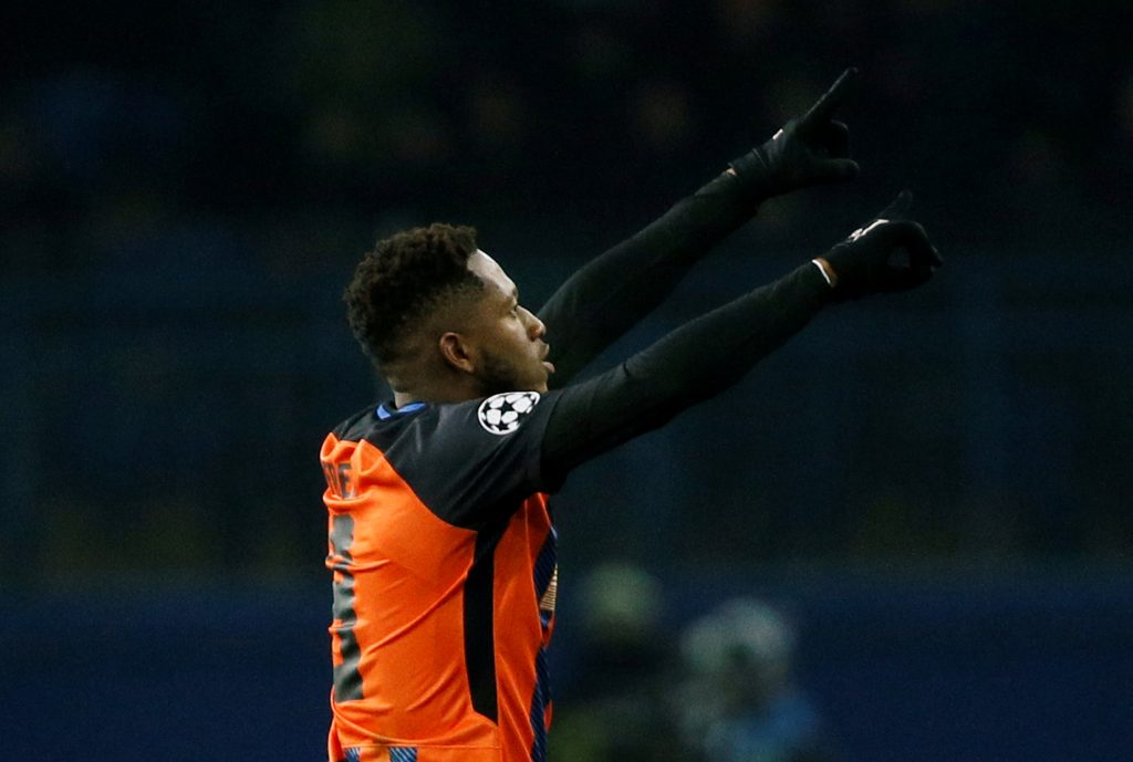 Shakhtar Donetsk's Fred celebrates scoring their second goal.