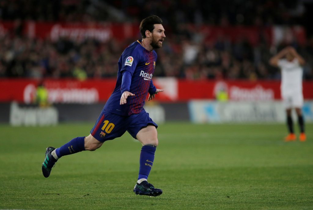 Barcelona's Lionel Messi celebrates scoring their second goal.