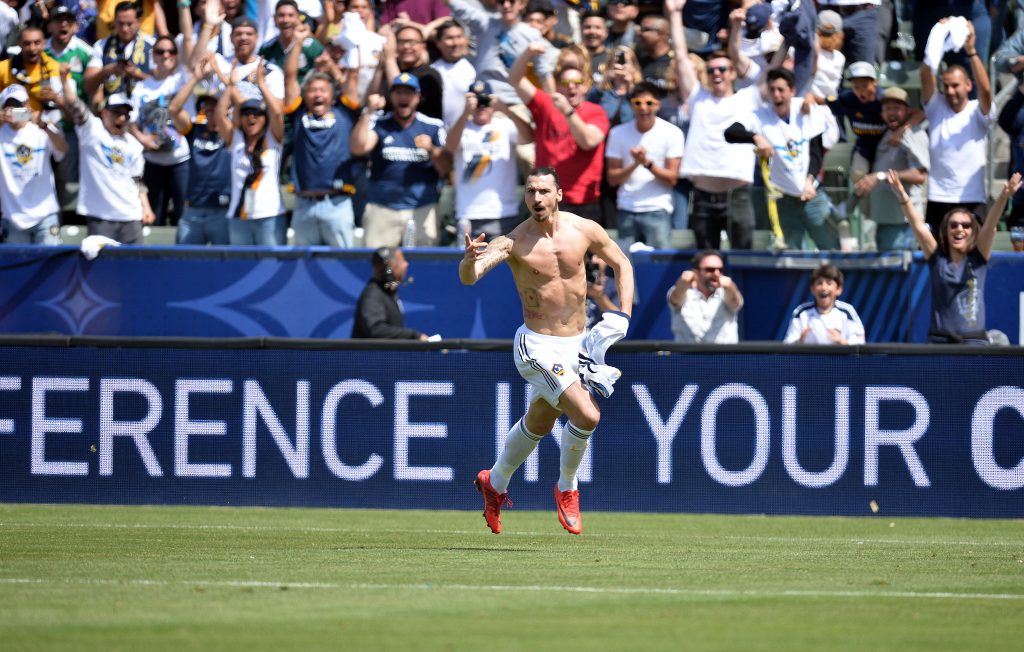 Los Angeles Galaxy forward Zlatan Ibrahimovic celebrates his goal scored against Los Angeles FC.