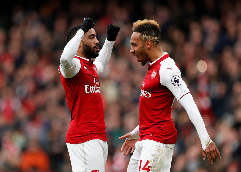 Arsenal's Alexandre Lacazette celebrates scoring their third goal with Pierre-Emerick Aubameyang.