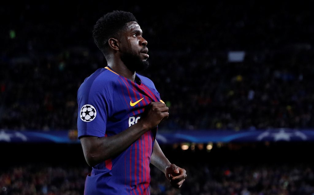 Barcelona's Samuel Umtiti celebrates their second goal.