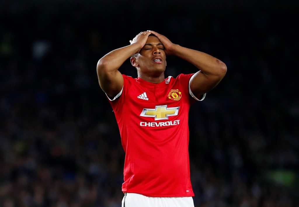 Manchester United's Anthony Martial reacts after a missed chance.