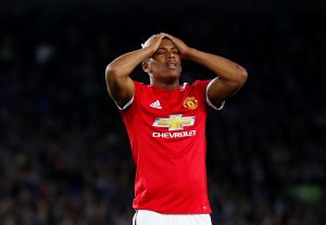 Manchester United's Anthony Martial reacts after a missed chance.