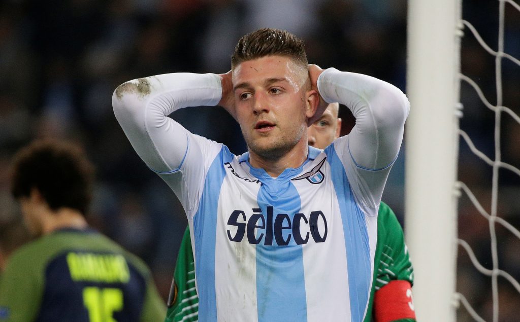 Lazio's Sergej Milinkovic-Savic reacts after a missed chance to score.
