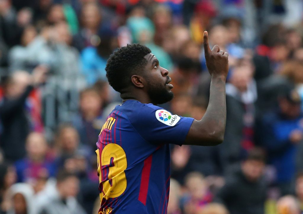 Barcelona's Samuel Umtiti celebrates scoring their second goal.