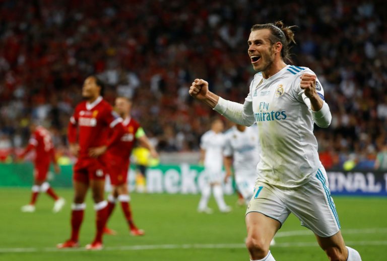 Real Madrid's Gareth Bale celebrates scoring their third goal.