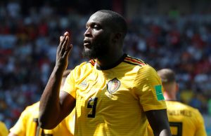 Belgium's Romelu Lukaku celebrates scoring their second goal.