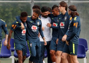 Brazil's Neymar and Fred during training.