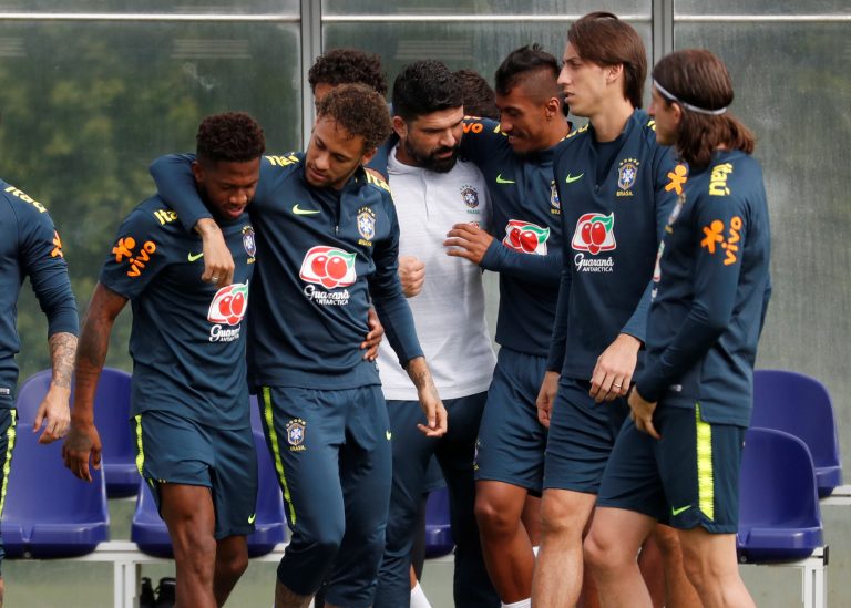 Brazil's Neymar and Fred during training.