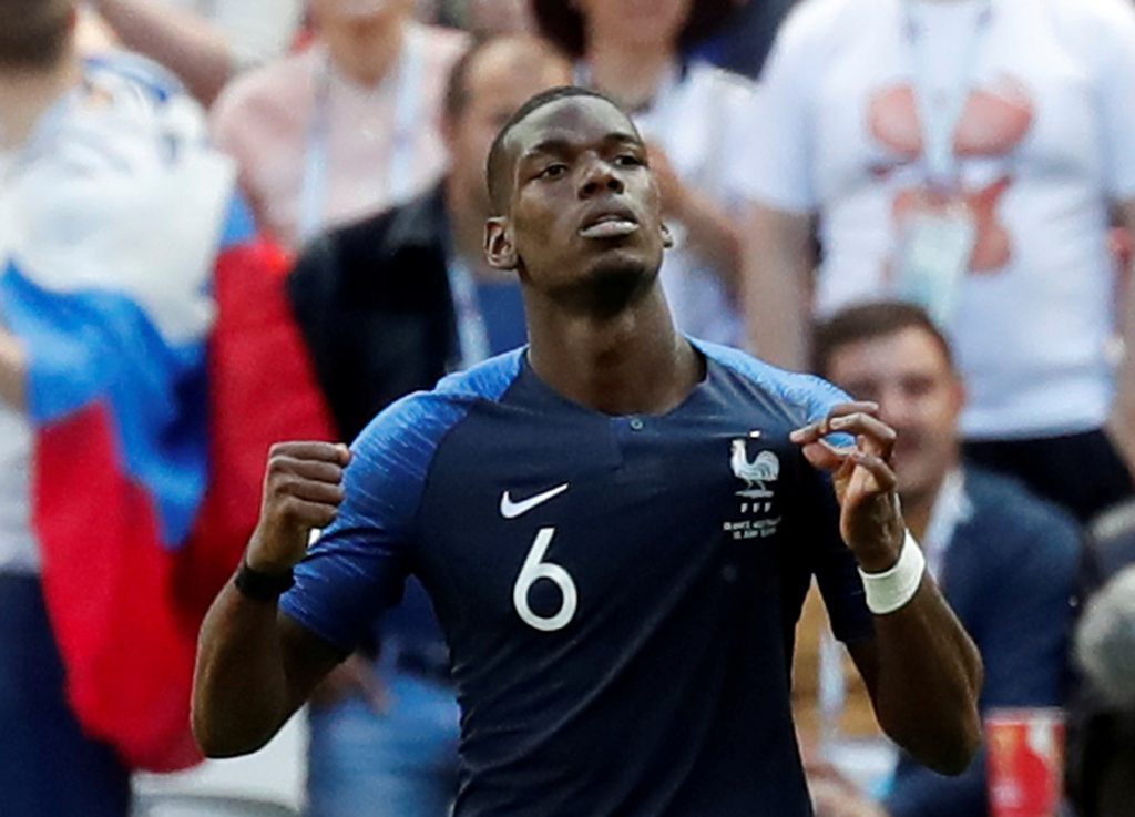 France's Paul Pogba celebrates scoring their second goal.
