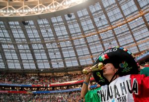 Mexico fan celebrates inside the stadium at the end of the match.