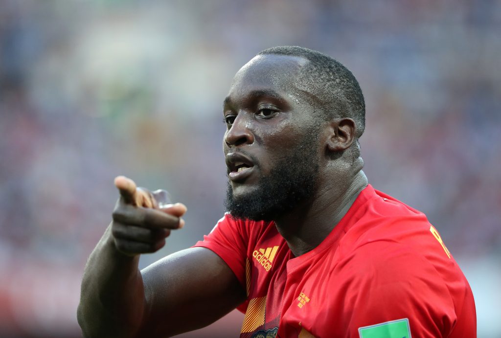 Belgium's Romelu Lukaku celebrates scoring their third goal.