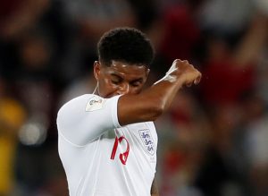 England's Marcus Rashford looks dejected after the match.
