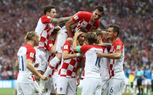 Croatia's Ivan Perisic celebrates scoring their first goal with team mates.