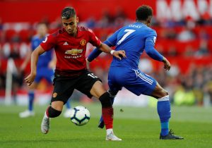 Manchester United's Andreas Pereira in action with Leicester City's Demarai Gray.