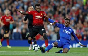 Leicester City's Demarai Gray in action with Manchester United's Fred.