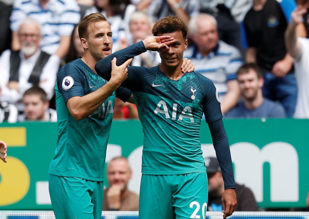 Tottenham's Dele Alli celebrates scoring their second goal with Harry Kane.