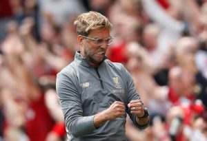 Liverpool manager Jurgen Klopp celebrates after Mohamed Salah (not pictured) scored their first goal.