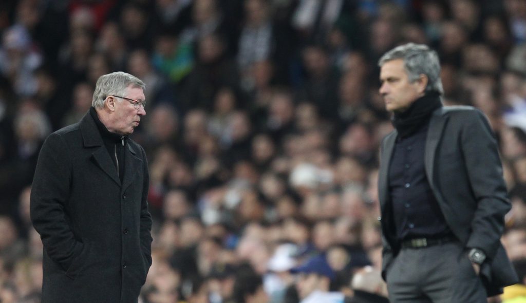 Real Madrid coach Jose Mourinho (R) with Sir Alex Ferguson.