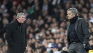 Real Madrid coach Jose Mourinho (R) with Sir Alex Ferguson.
