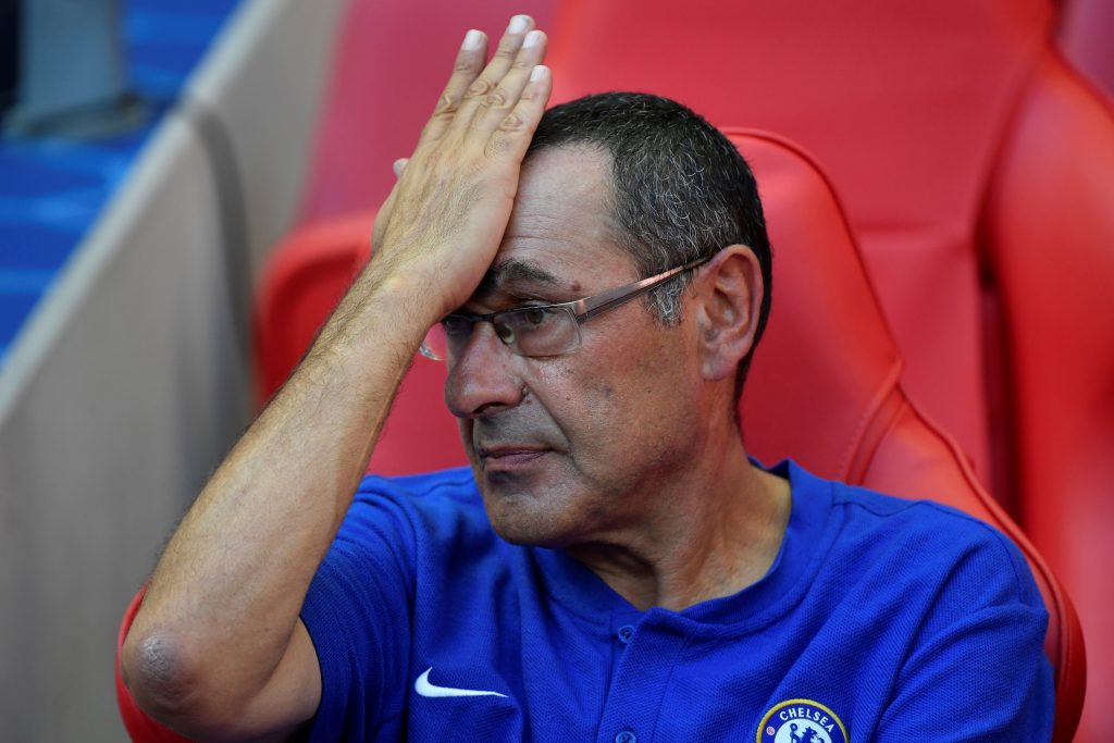 Chelsea manager Maurizio Sarri looks dejected at the end of the match.