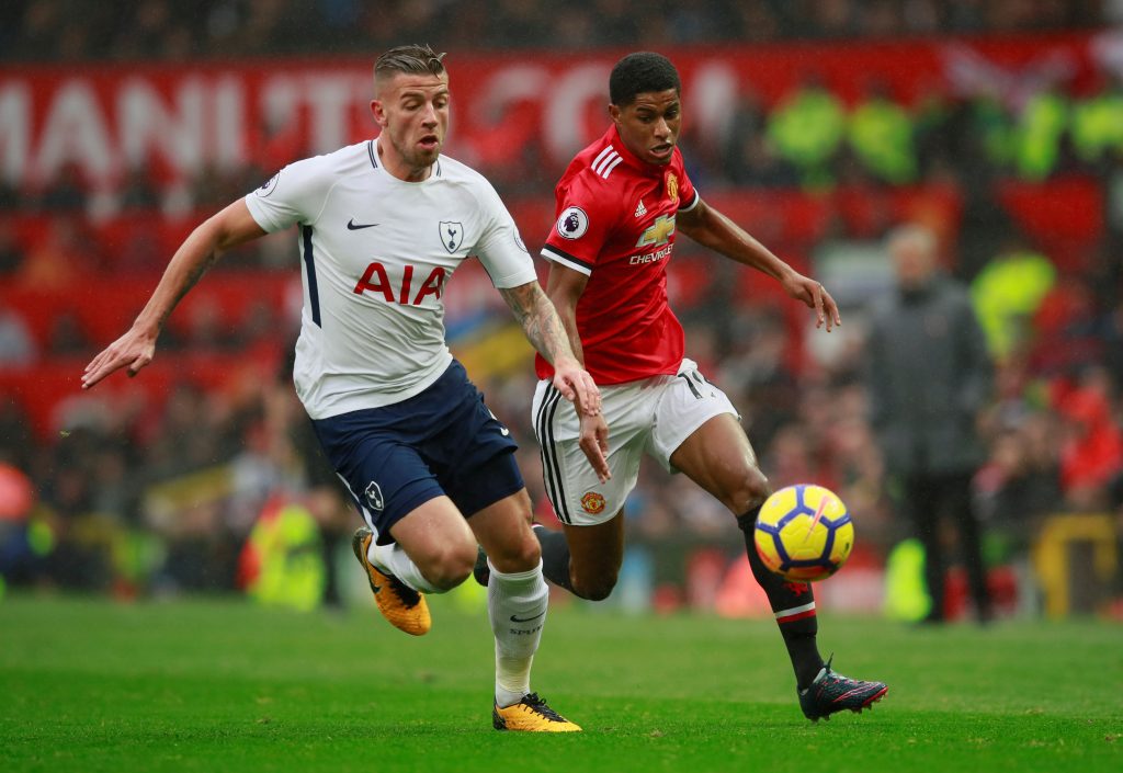 Manchester United's Marcus Rashford in action with Tottenham's Toby Alderweireld.