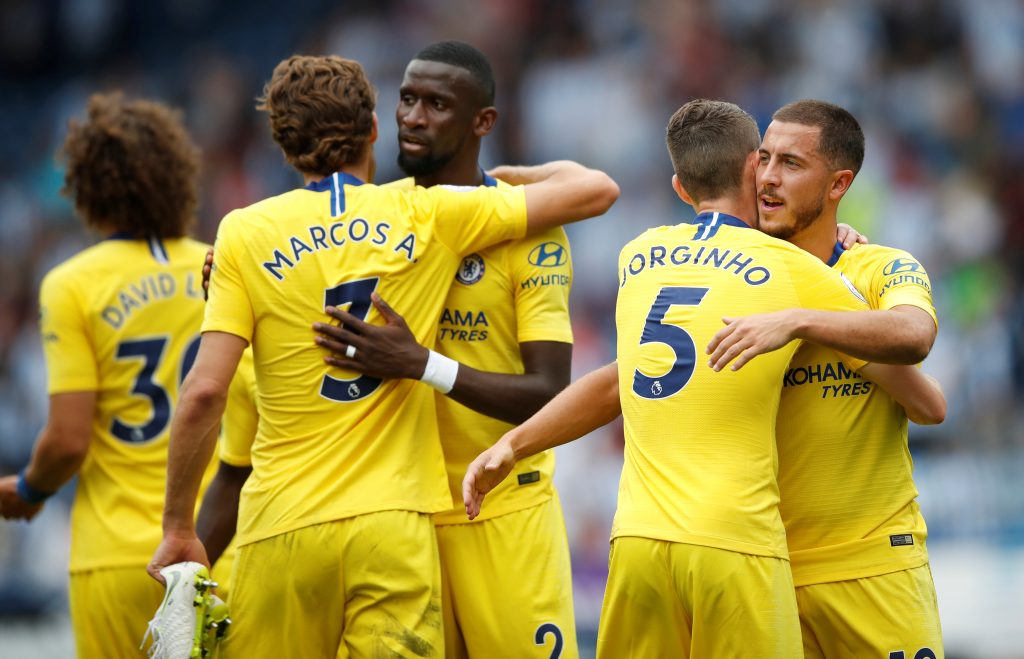 Chelsea's Marcos Alonso, Antonio Rudiger, Jorginho and Eden Hazard celebrate after the match.