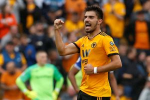 Wolves' Ruben Neves celebrates scoring their first goal.