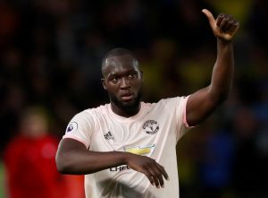 Manchester United's Romelu Lukaku gestures to the fans after the match.