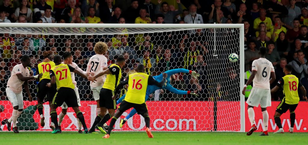 Manchester United's David de Gea makes a save.