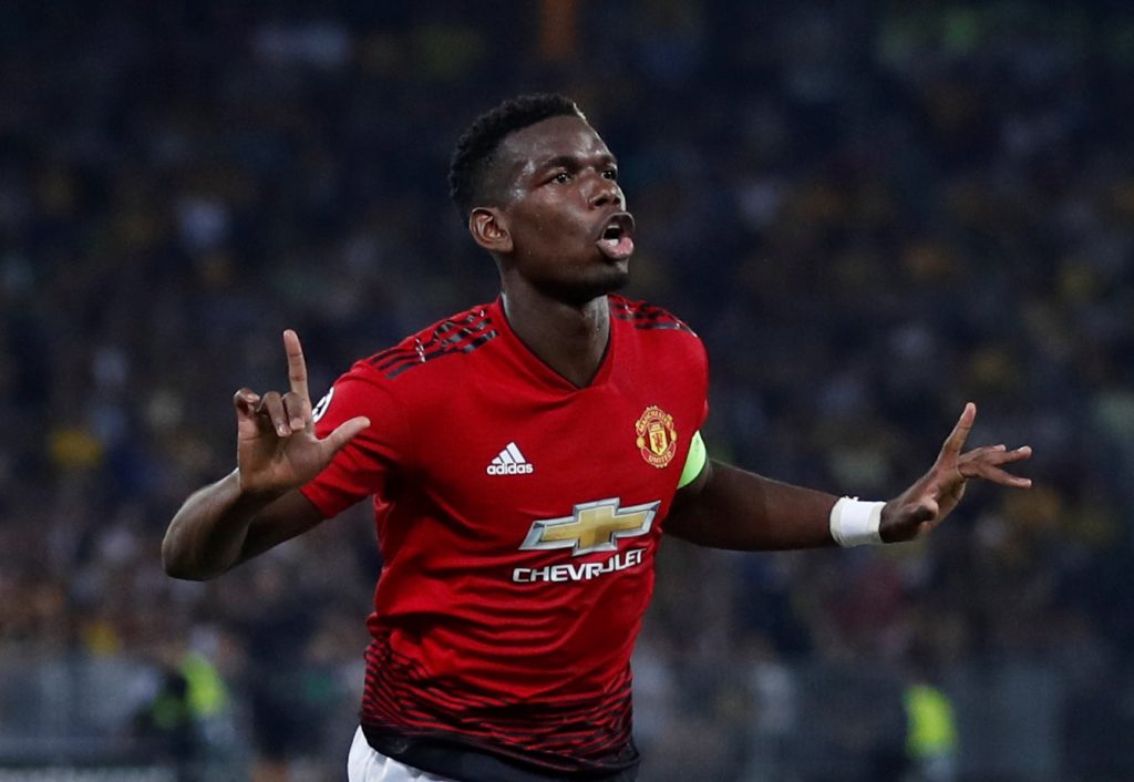 Manchester United's Paul Pogba celebrates scoring their first goal.