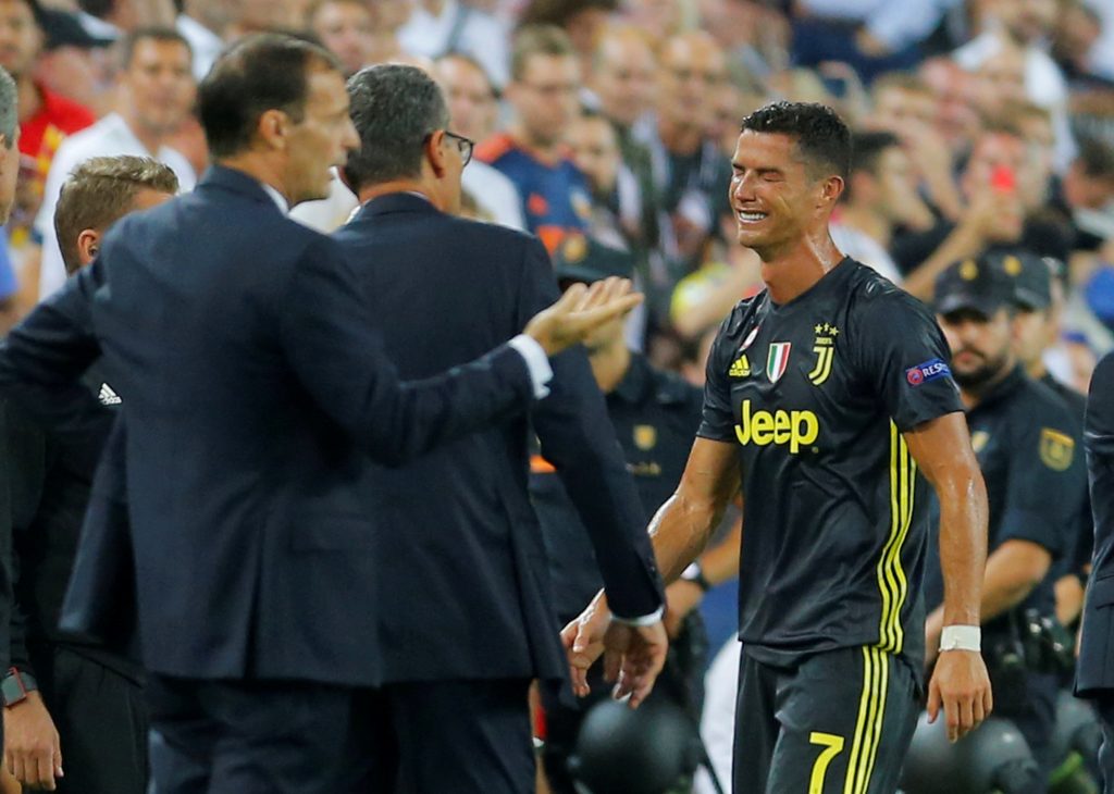 Juventus' Cristiano Ronaldo reacts after being sent off.
