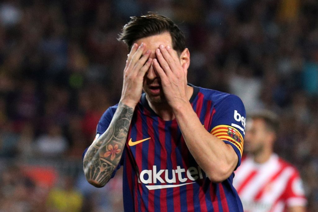 Barcelona's Lionel Messi reacts.