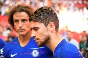 Chelsea's Jorginho and David Luiz look dejected.
