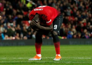 Manchester United's Romelu Lukaku reacts after a missed chance.