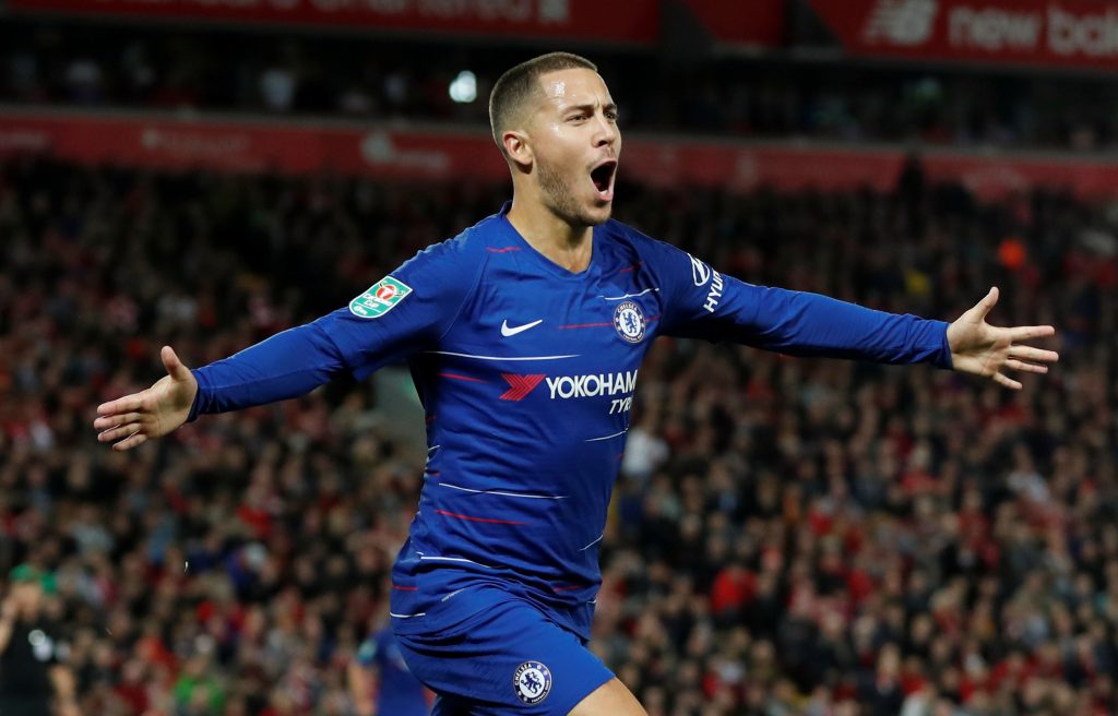 Chelsea's Eden Hazard celebrates scoring their second goal.