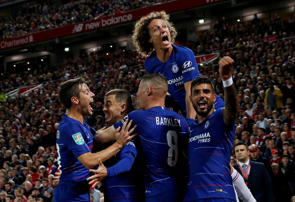 Chelsea's Eden Hazard celebrates with Cesar Azpilicueta, Ross Barkley, Emerson Palmieri and David Luiz after scoring their second goal.