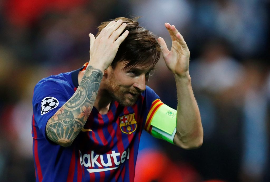 Barcelona's Lionel Messi celebrates scoring their fourth goal.
